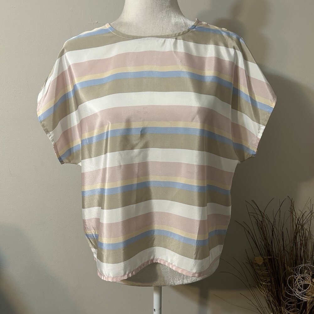 Vtg Bankers Club Women Striped Multicolor Striped Blouse Top Shoulder Buttons M